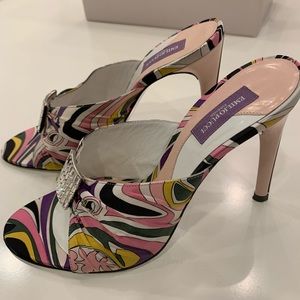 Emilio Pucci silk and crystal heeled mules